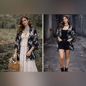 Hot Topic Goth Kimono – Flowers, Skeleton & Spider Print, Size Medium Boho